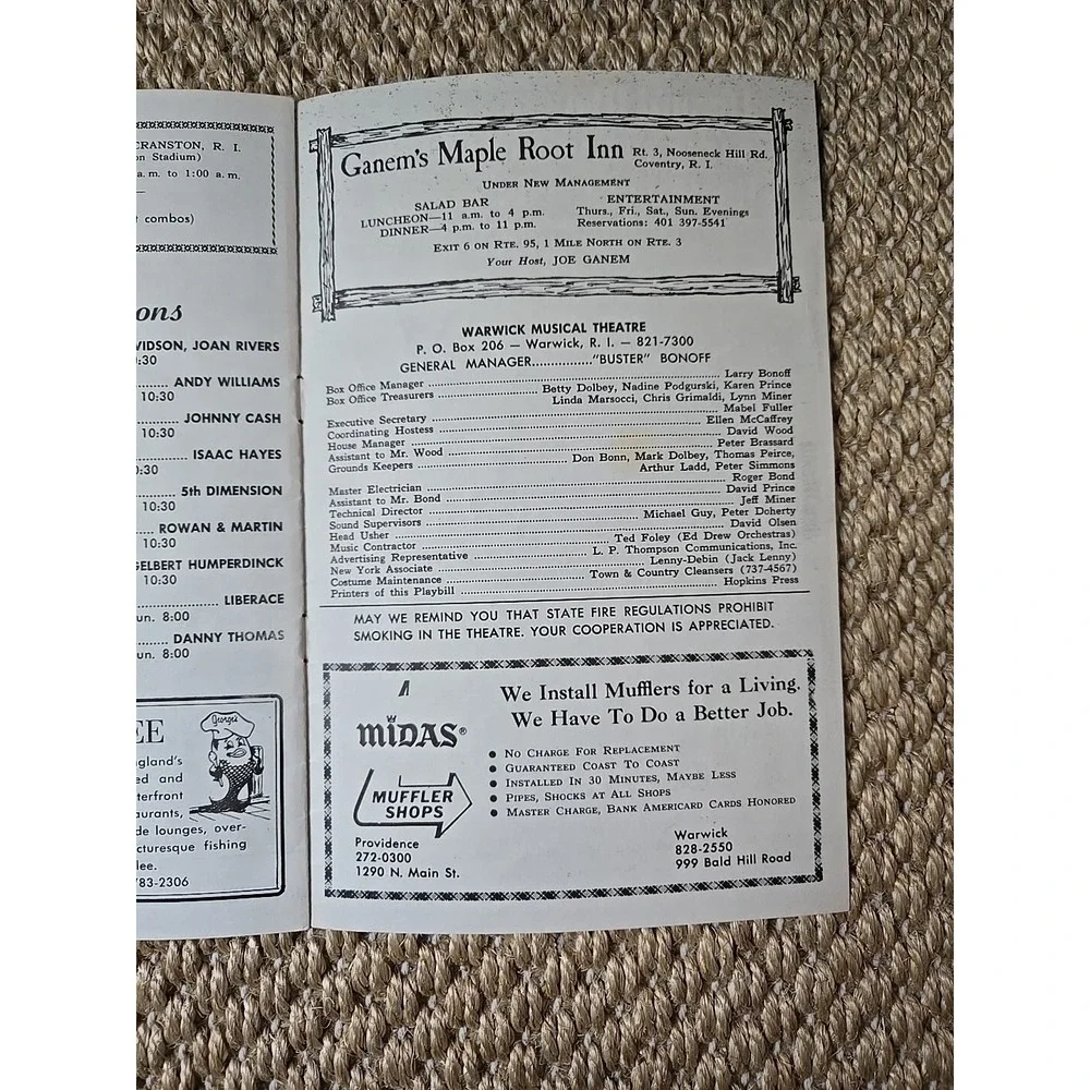 Rare Burt Bacharach/Don Rice Warwick Musical Theatre RI Program 7/1-7/6, 1974